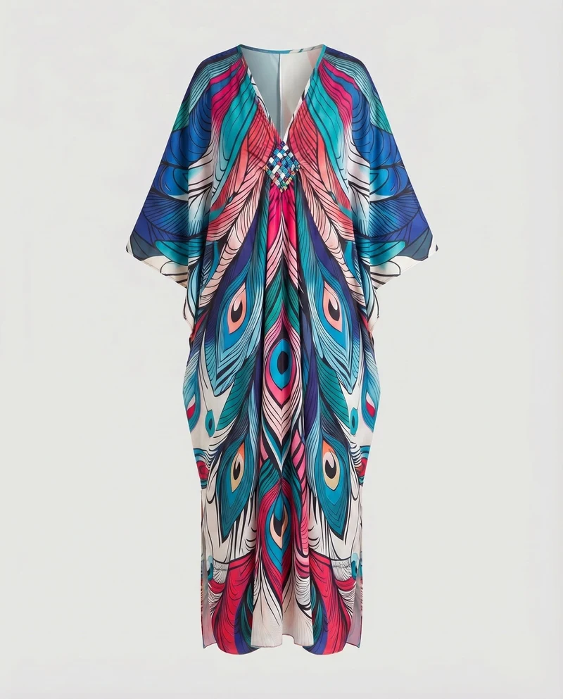 Damen Kaftan-Maxi Kimonoärmel Geflochtene Brustverzierung V-Ausschnitt