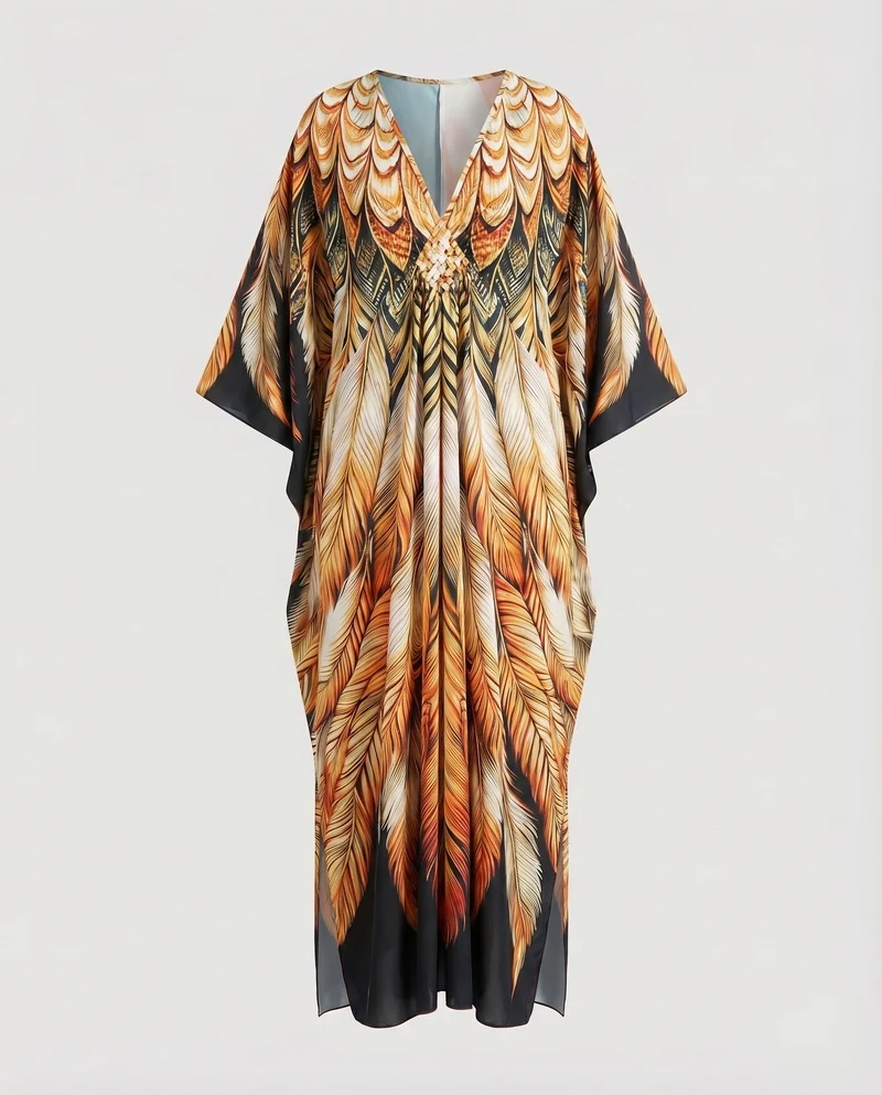 Damen Kaftan-Maxi Kimonoärmel Geflochtene Brustverzierung V-Ausschnitt