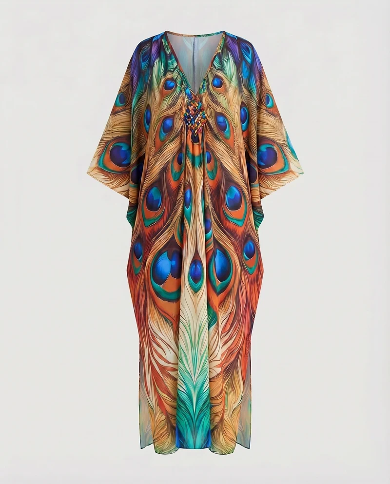 Damen Kaftan-Maxi Kimonoärmel Geflochtene Brustverzierung V-Ausschnitt