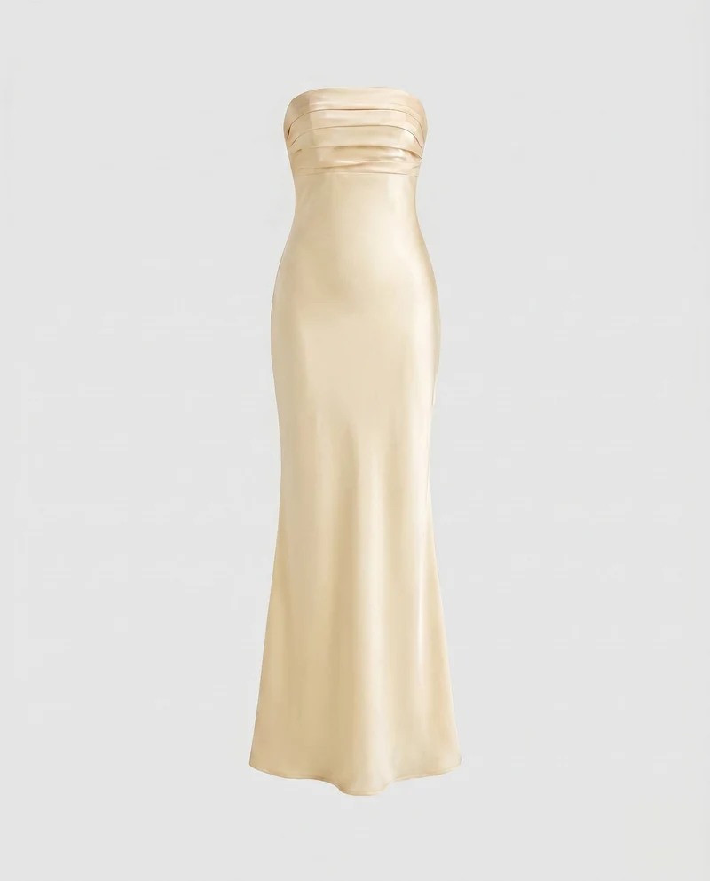 Damen Elegantes Langarm-Maxikleid mit schimmerndem Satin-Nord Taschen