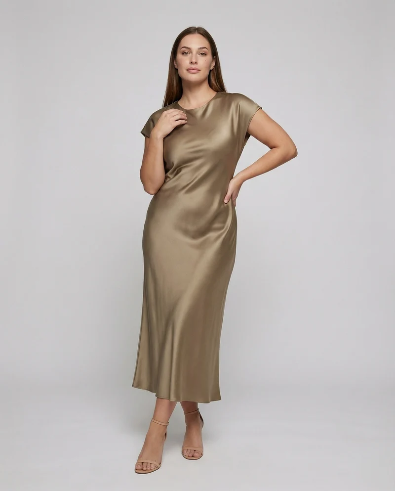 Damen nan schräg geschnittenes Satin-Maxikleid mit Cap-Ärmeln, Rundhalsausschnitt und rückseitigem Tropfenverschluss Nord Taschen