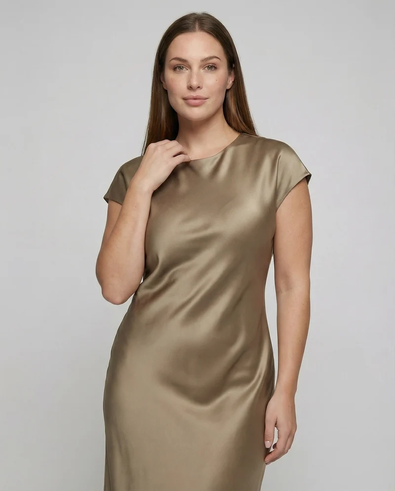 Damen nan schräg geschnittenes Satin-Maxikleid mit Cap-Ärmeln, Rundhalsausschnitt und rückseitigem Tropfenverschluss Nord Taschen