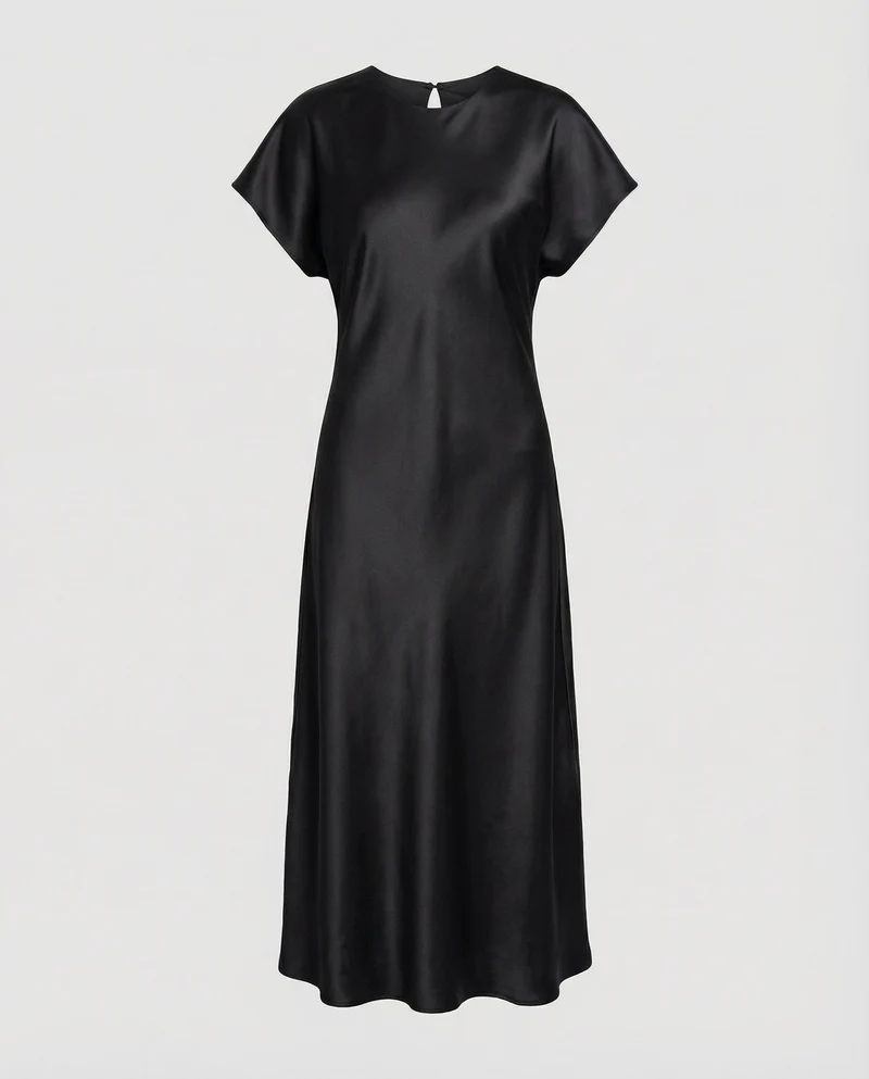 Damen nan schräg geschnittenes Satin-Maxikleid mit Cap-Ärmeln, Rundhalsausschnitt und rückseitigem Tropfenverschluss Nord Taschen