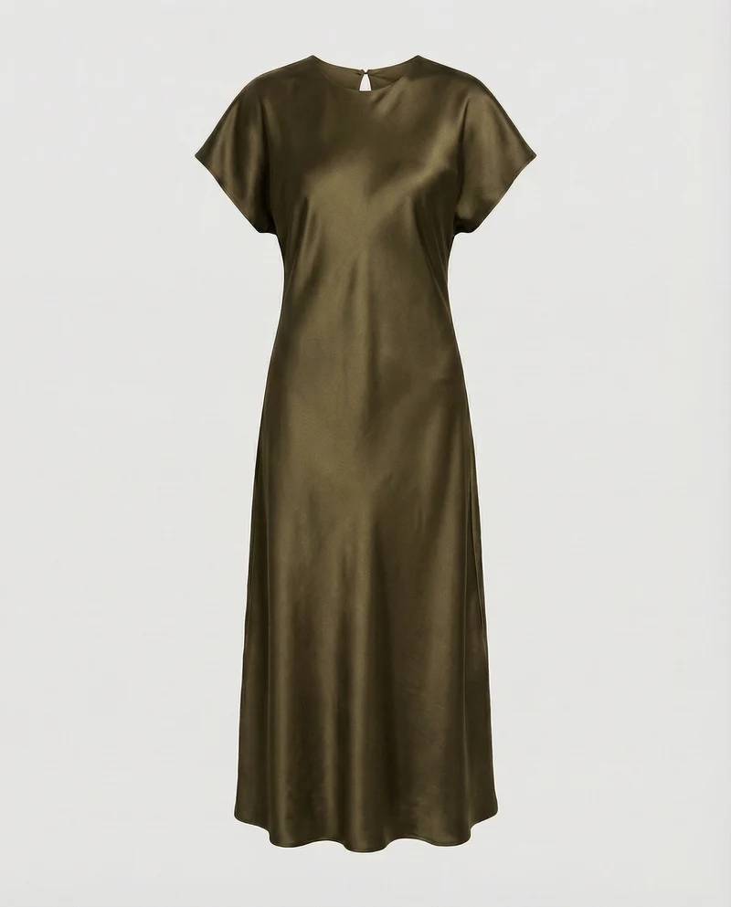 Damen nan schräg geschnittenes Satin-Maxikleid mit Cap-Ärmeln, Rundhalsausschnitt und rückseitigem Tropfenverschluss Nord Taschen