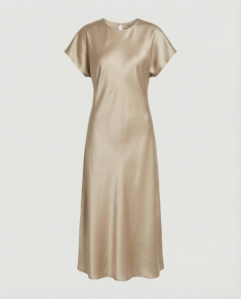 Damen nan schräg geschnittenes Satin-Maxikleid mit Cap-Ärmeln, Rundhalsausschnitt und rückseitigem Tropfenverschluss Nord Taschen