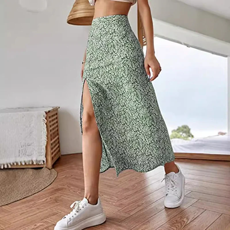 Damen Maxirock mit floralem Print und seitlichem Schlitz