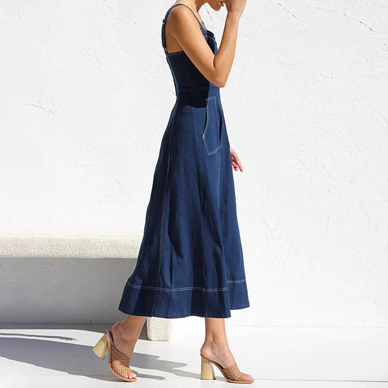 Damen langes Jeanskleid mit Knopfleiste und praktischen Taschen