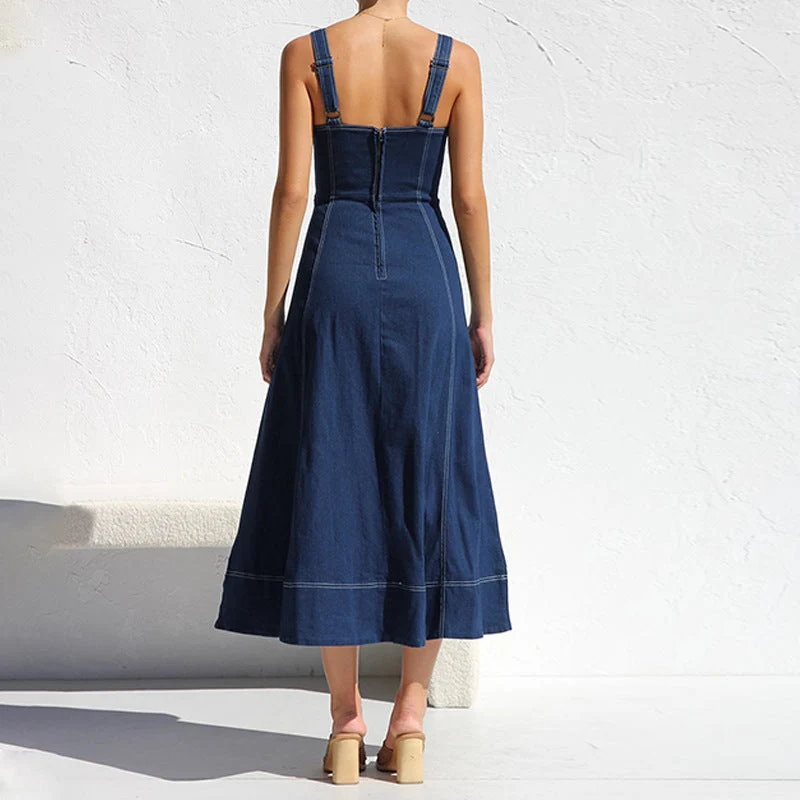 Damen langes Jeanskleid mit Knopfleiste und praktischen Taschen