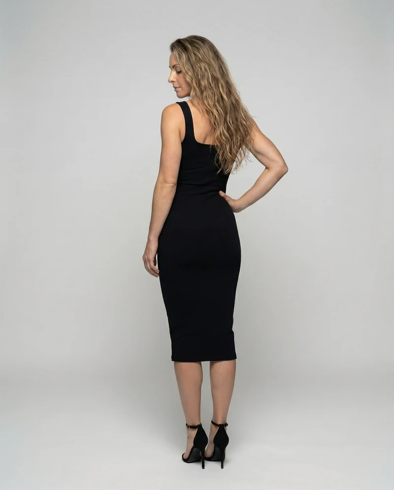 Damen nan Ripp-Midikleid mit quadratischem Ausschnitt, breiten Trägern und formstabiler Stretchqualität
