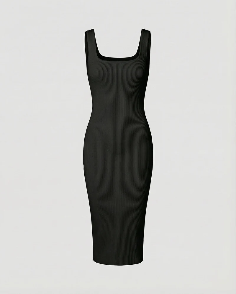 Damen nan Ripp-Midikleid mit quadratischem Ausschnitt, breiten Trägern und formstabiler Stretchqualität