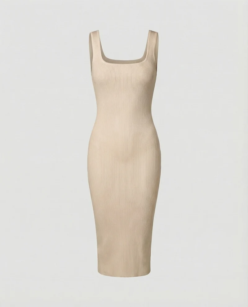 Damen nan Ripp-Midikleid mit quadratischem Ausschnitt, breiten Trägern und formstabiler Stretchqualität