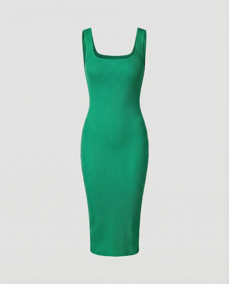 Damen nan Ripp-Midikleid mit quadratischem Ausschnitt, breiten Trägern und formstabiler Stretchqualität