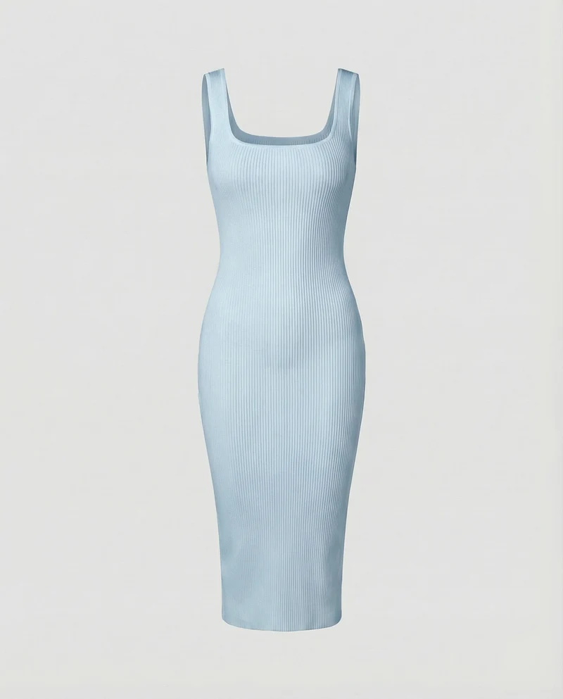 Damen nan Ripp-Midikleid mit quadratischem Ausschnitt, breiten Trägern und formstabiler Stretchqualität
