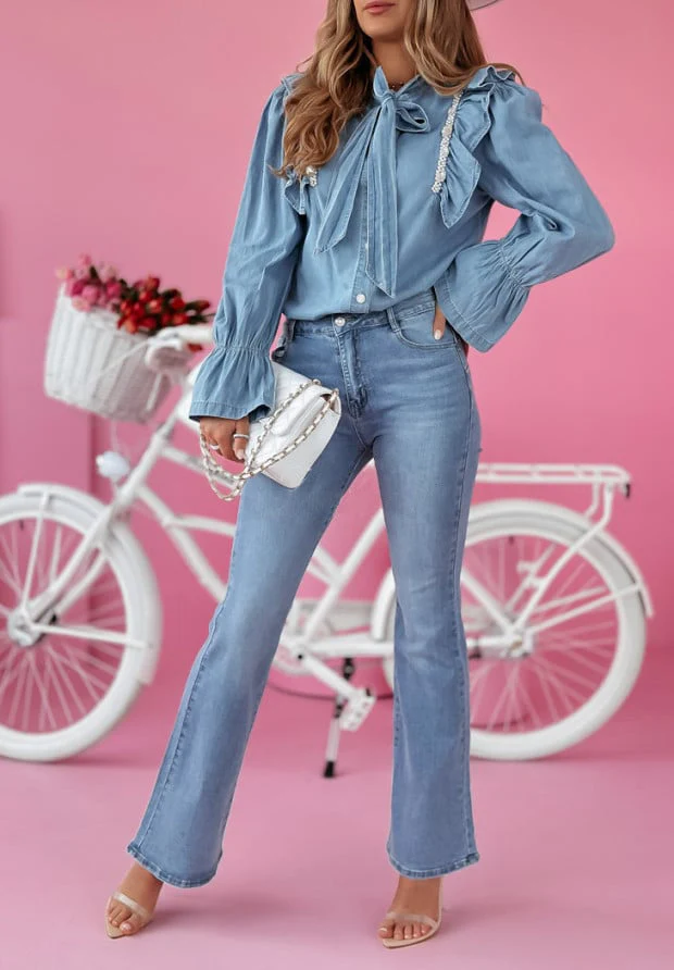 Damen Denim Hemd mit Rüschen und Schleifen-Details