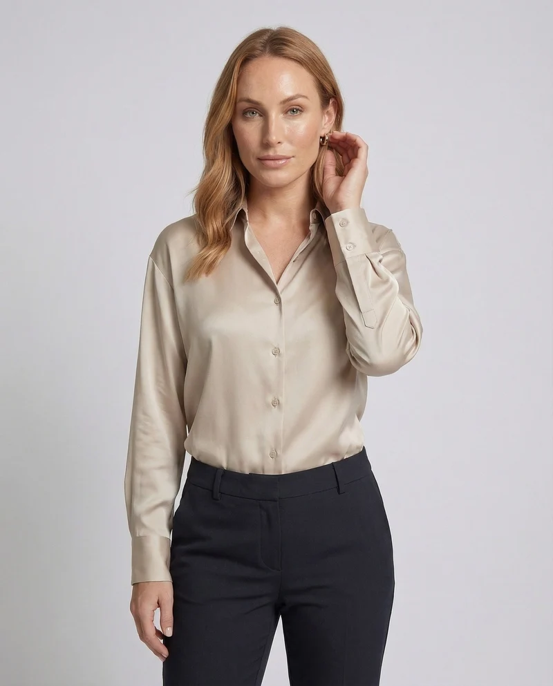 Damen Bluse Seidenähnlicher Stoff Perlmuttknopfleiste