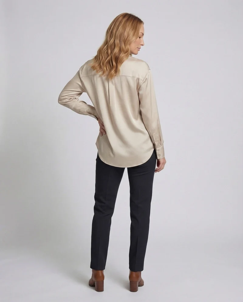 Damen Bluse Seidenähnlicher Stoff Perlmuttknopfleiste