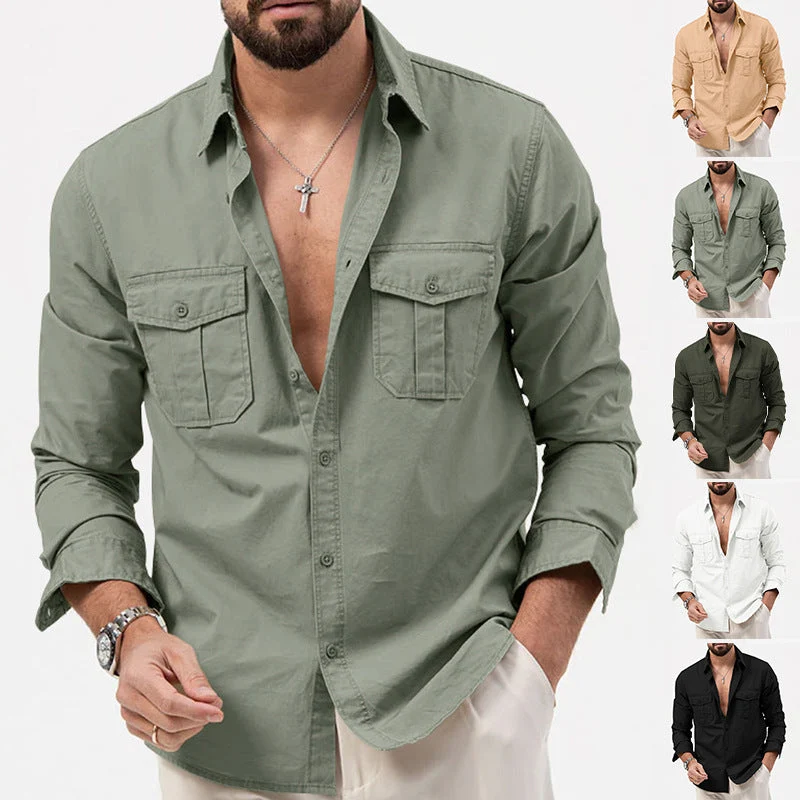 Herren nan legeres Baumwoll-Twill-Hemd mit aufgesetzten Brustklappen und Kentkragen