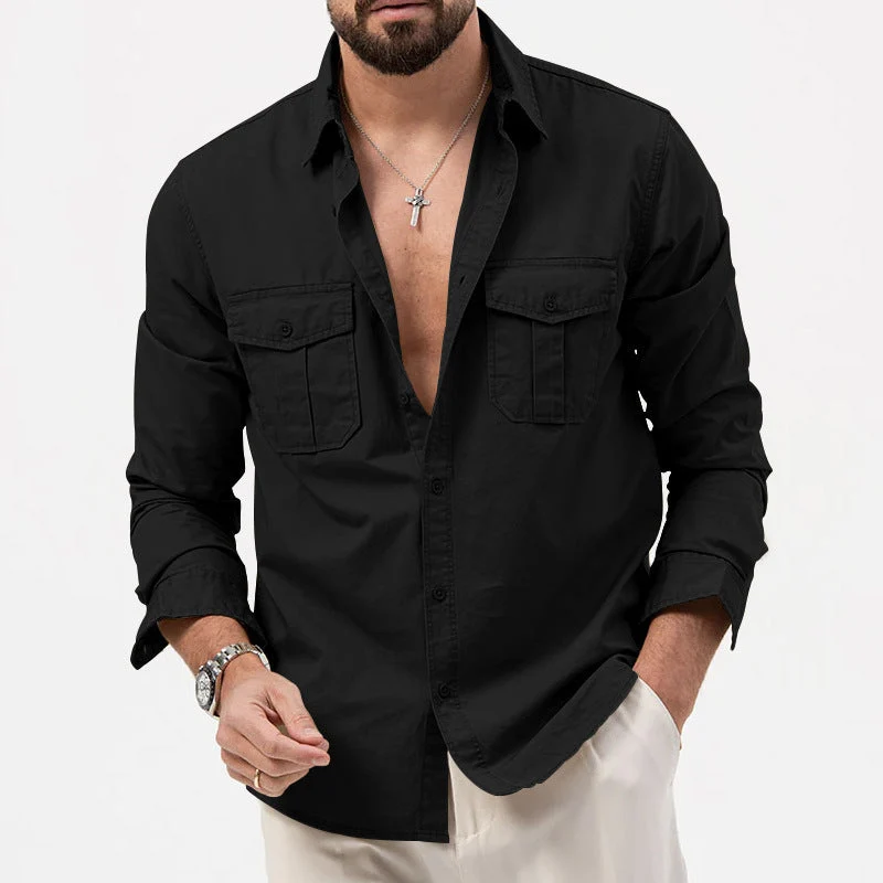 Herren nan legeres Baumwoll-Twill-Hemd mit aufgesetzten Brustklappen und Kentkragen
