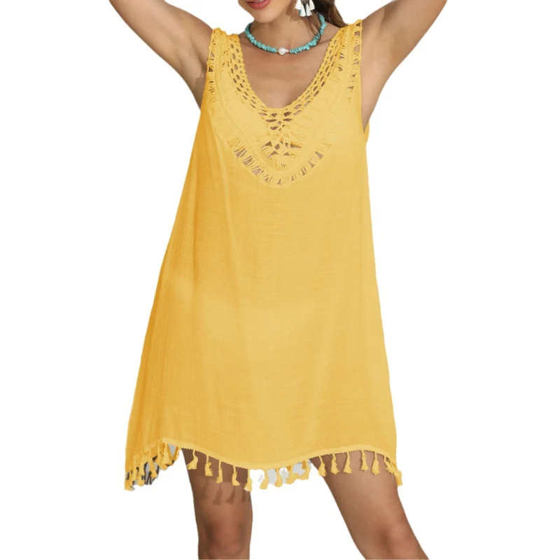 Damen luftiges Strandkleid mit fransigen Details 1779788129