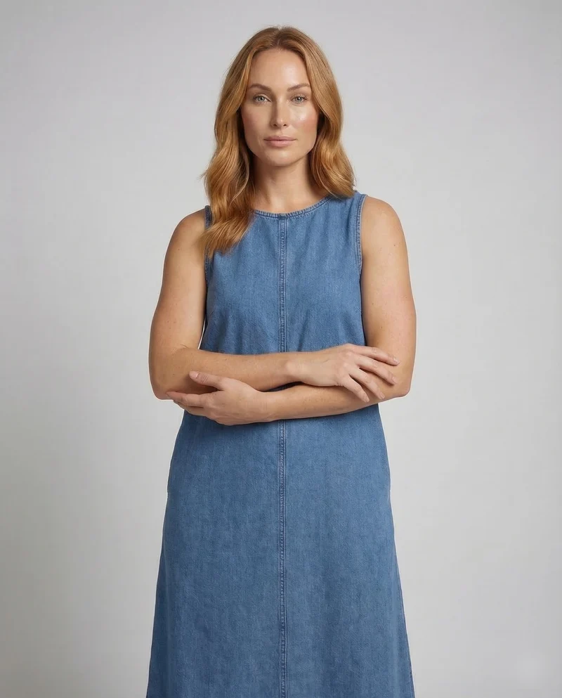 Damen Denim-Maxikleid Seitliche Eingrifftaschen