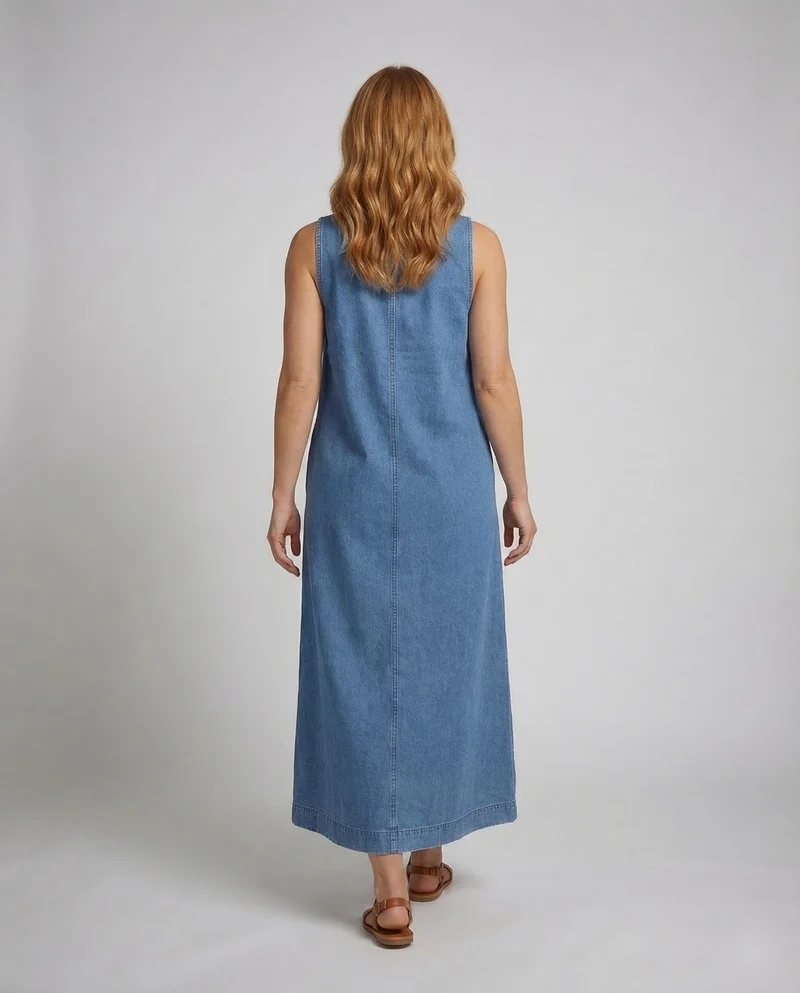 Damen Denim-Maxikleid Seitliche Eingrifftaschen