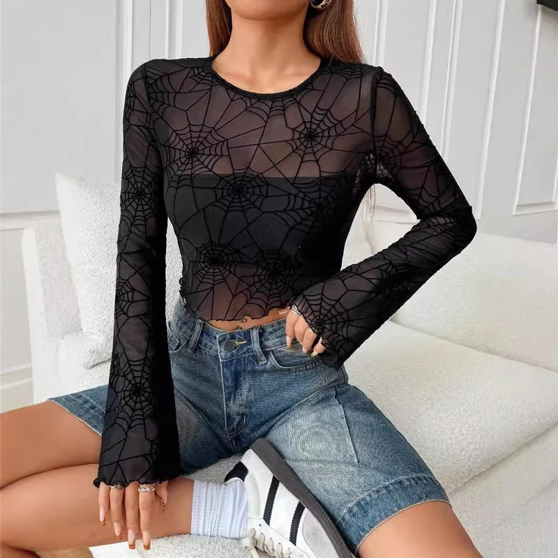Damen nan transparentes Netztop mit samtigem Spinnennetzprint und bauchfreiem Schnitt Nord Taschen