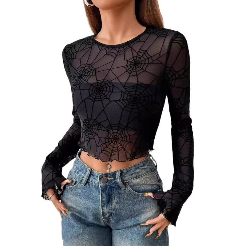 Damen nan transparentes Netztop mit samtigem Spinnennetzprint und bauchfreiem Schnitt Nord Taschen