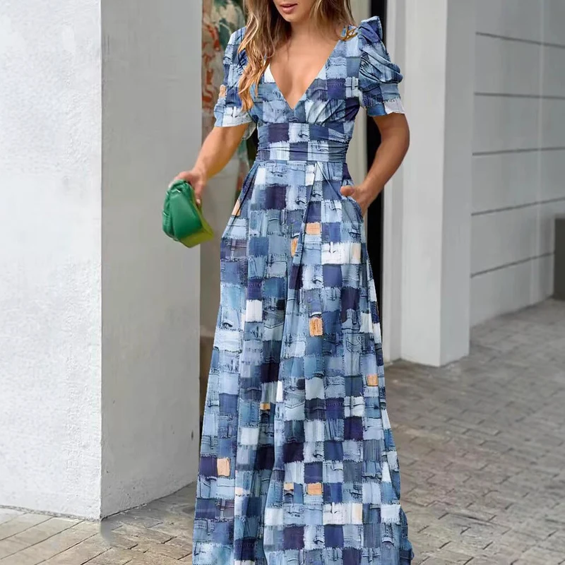 Damen Sommerliches Maxikleid mit voluminösen Puffärmeln und seitlichen Taschen Nord Taschen