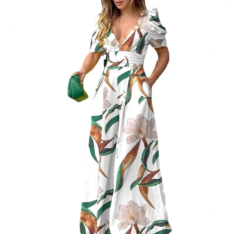 Damen Sommerliches Maxikleid mit voluminösen Puffärmeln und seitlichen Taschen Nord Taschen