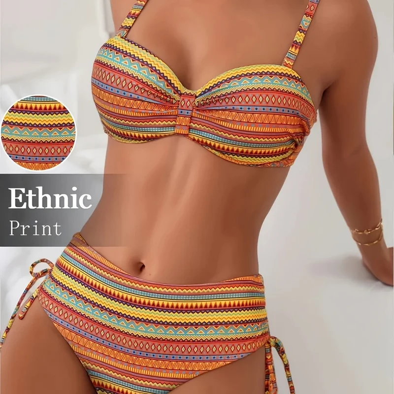 Damen Bikini-Set mit ethnischem Druck und verstellbaren Trägern