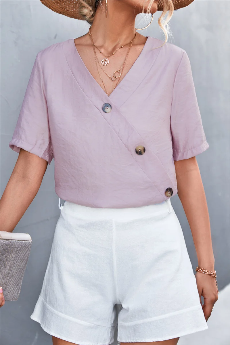 Damen lässige Bluse mit Wickeloptik und Knopfdetails