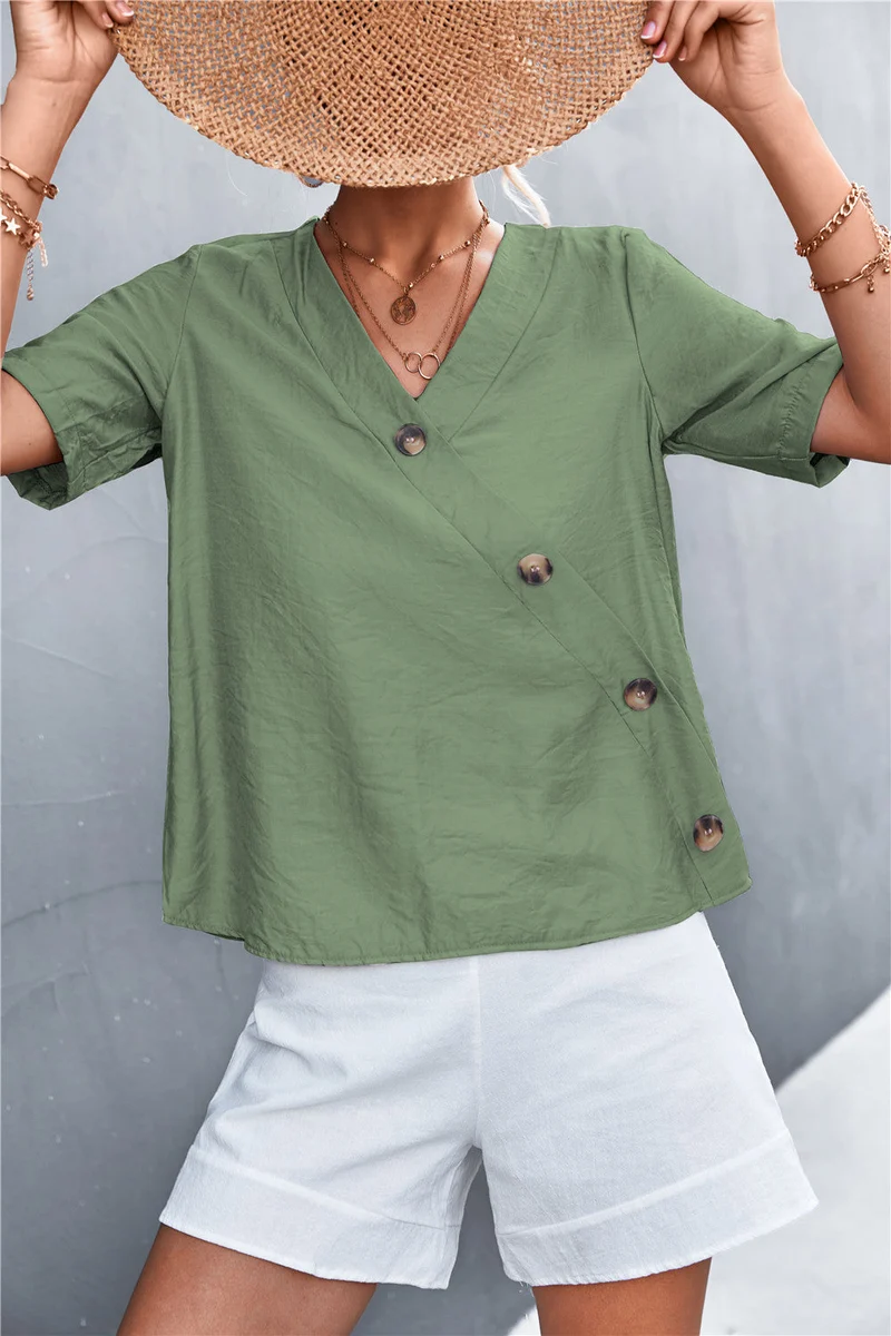 Damen lässige Bluse mit Wickeloptik und Knopfdetails