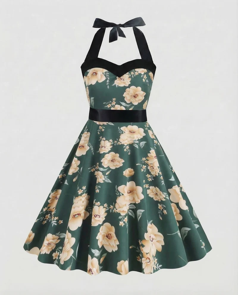 Damen Neckholder Kleid Retro