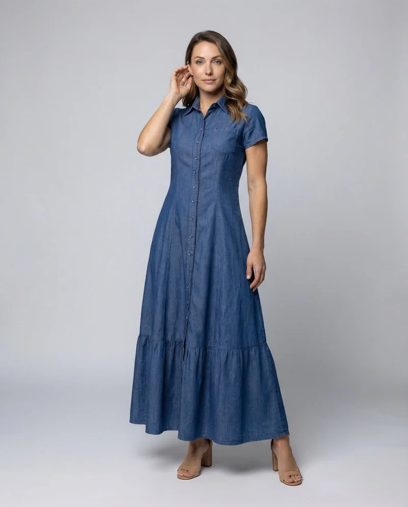 Damen Maxikleid Hemdblusenkragen Stufenvolant