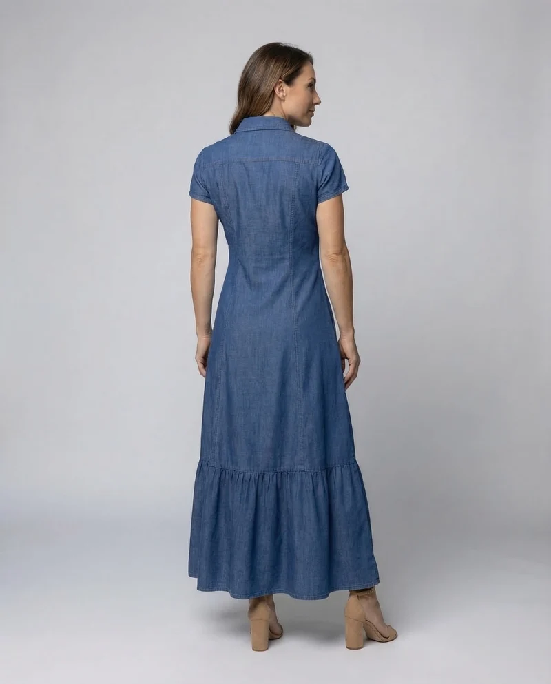 Damen Maxikleid Hemdblusenkragen Stufenvolant