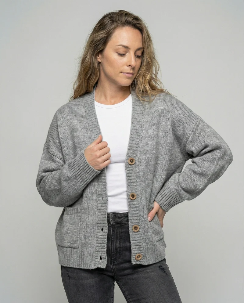 Strickjacke Damen lässig mit Knopfverschluss und großen Taschen