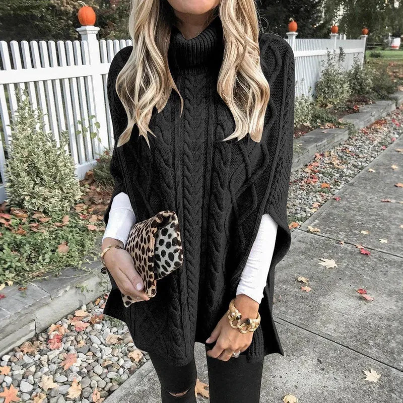 Damen Strickponcho mit hohem Kragen und aufwendigem Zopfmuster