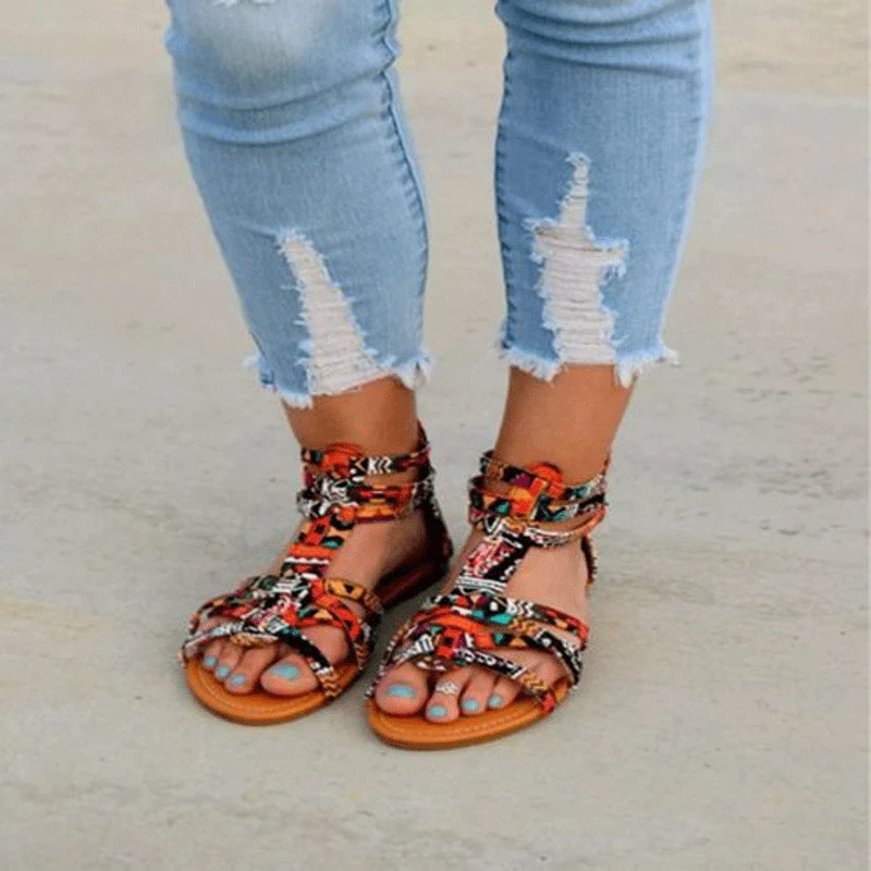 Damen Riemchen-Sandalen mit buntem GewNord Taschenemuster und rutschfester Sohle