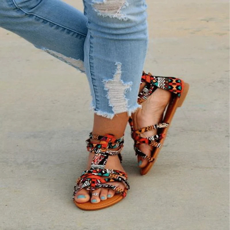 Damen Riemchen-Sandalen mit buntem GewNord Taschenemuster und rutschfester Sohle
