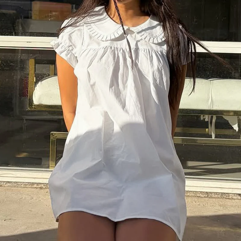Damen elegantes Baumwollkleid mit Rüschendetails und herausragendem Kragen