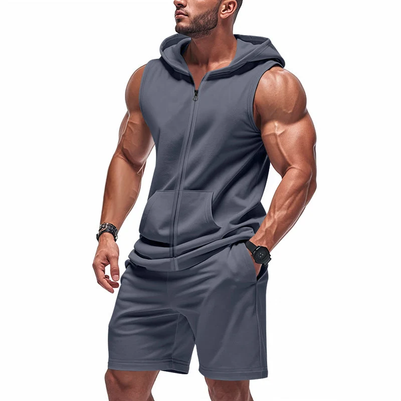 Herren nan sportliches Kapuzen-Set mit ärmelloser Sweatjacke, durchgehendem Reißverschluss und Trainingsshorts
