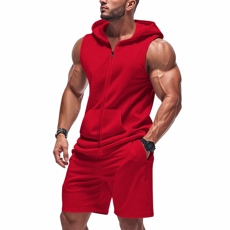 Herren nan sportliches Kapuzen-Set mit ärmelloser Sweatjacke, durchgehendem Reißverschluss und Trainingsshorts