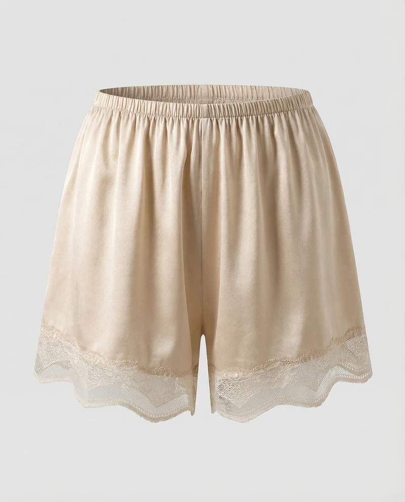 Damen Romantische Spitzenabschluss Satin-Optik Schlafshorts
