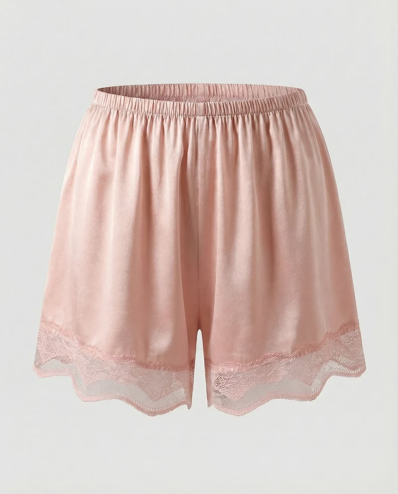 Damen Romantische Spitzenabschluss Satin-Optik Schlafshorts