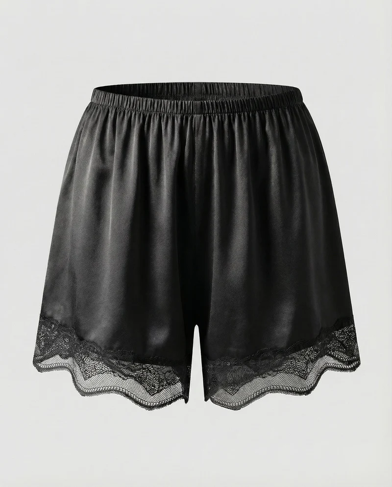 Damen Romantische Spitzenabschluss Satin-Optik Schlafshorts