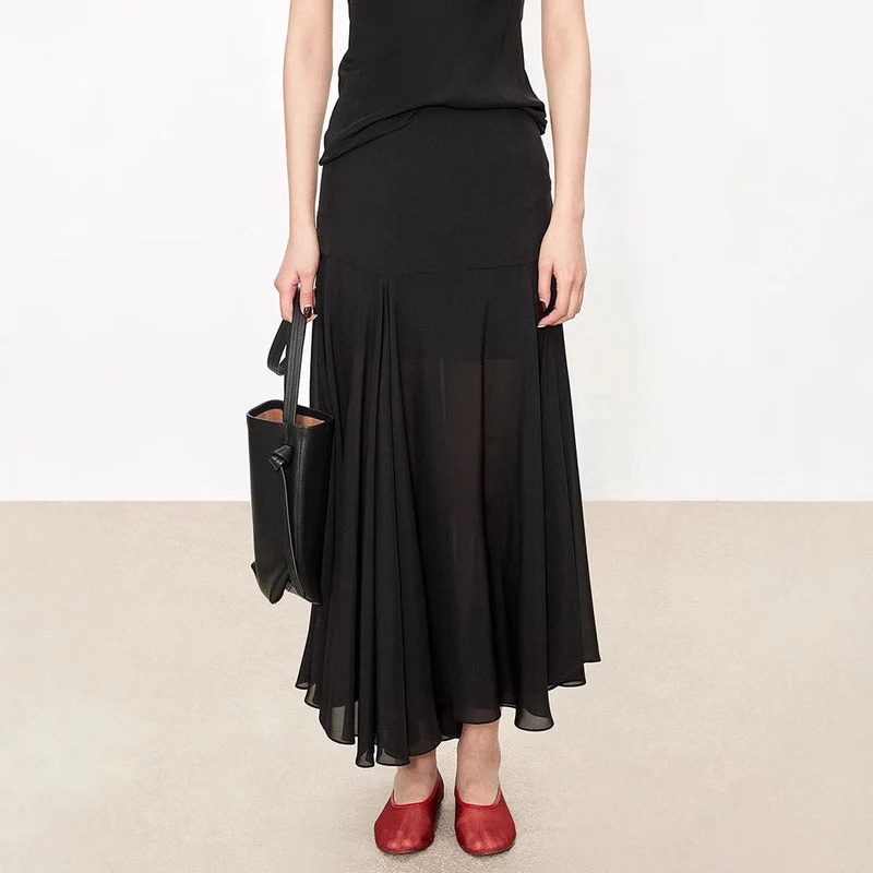 Satinrock Schwarz Damen Maxi leicht und schwingend