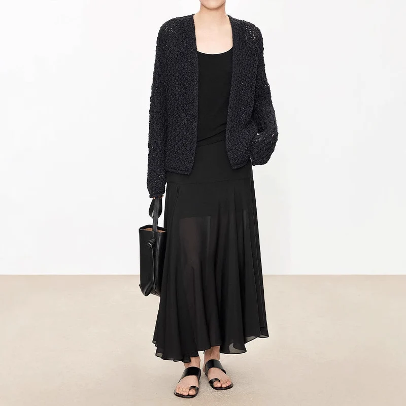 Satinrock Schwarz Damen Maxi leicht und schwingend