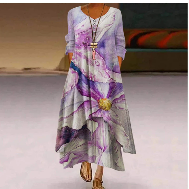 Damen Fließendes Maxikleid mit kunstvollem Blumendruck und asymmetrischem Saum Nord Taschen