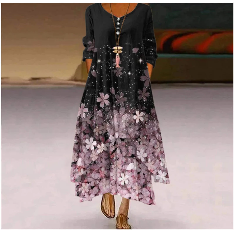 Damen Fließendes Maxikleid mit kunstvollem Blumendruck und asymmetrischem Saum Nord Taschen
