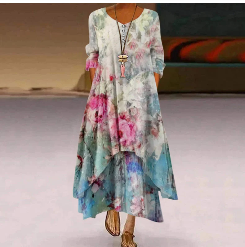 Damen Fließendes Maxikleid mit kunstvollem Blumendruck und asymmetrischem Saum Nord Taschen